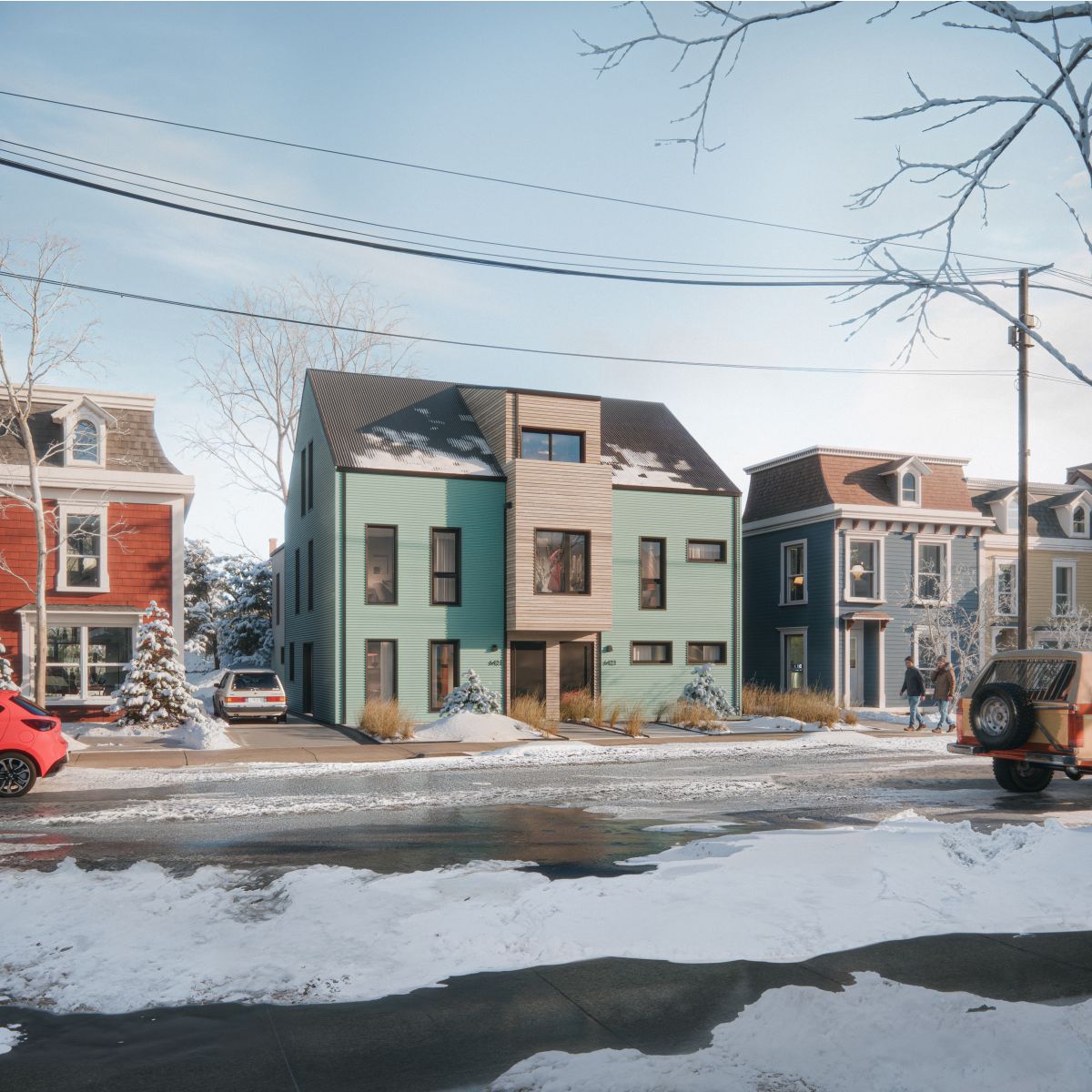 A 3D rendering of sixplex with a soft green facade and wood accents, seamlessly fitting into a snowy historic neighbourhood. 